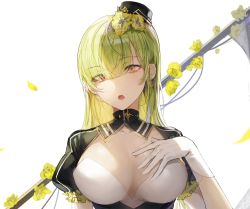 Rule 34 | 1girl, bad id, bad pixiv id, breasts, breasts apart, cleavage cutout, clothing cutout, earrings, eyes visible through hair, flower, gloves, green hair, hair flower, hair ornament, hand on own chest, hat, jewelry, kim eb, large breasts, long hair, looking at viewer, mini hat, mole, mole under mouth, open mouth, original, petals, puffy short sleeves, puffy sleeves, scythe, short sleeves, simple background, single earring, solo, upper body, white background, white gloves, yellow eyes
