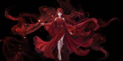 Rule 34 | 1girl, absurdres, against the gods, bare legs, bare shoulders, barefoot, black background, chinese clothes, dress, floating hair, full body, highres, jasmine (against the gods), long hair, official art, red dress, red eyes, red hair, wide sleeves