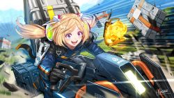 Rule 34 | 1girl, ahoge, aki rosenthal, artist name, black gloves, blonde hair, blue jumpsuit, blurry, blurry background, blush, bob cut, commentary request, container, cosplay, day, death stranding, detached hair, driving, gloves, grass, highres, hikosan, hololive, jumpsuit, long hair, motion lines, motor vehicle, open mouth, parted bangs, purple eyes, sam porter bridges, sam porter bridges (cosplay), solo, virtual youtuber