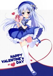 Rule 34 | 1girl, beret, blue eyes, blue footwear, blue hair, blue hat, blue skirt, blue theme, blush, bow, box, clothes lift, commentary request, floating hair, gift, gochuumon wa usagi desu ka?, hair between eyes, hair ornament, happy valentine, hat, hat bow, heart, heart-shaped box, high-waist skirt, holding, holding gift, jitome, kafuu chino, long hair, looking at viewer, mary janes, nagayama yuunon, open mouth, puffy short sleeves, puffy sleeves, shirt, shoes, short sleeves, shy, simple background, skirt, skirt lift, solo, standing, standing on one leg, striped, striped bow, suspender skirt, suspenders, thighhighs, valentine, very long hair, white shirt, white thighhighs, white wrist cuffs, wind, wind lift, wrist cuffs, x hair ornament