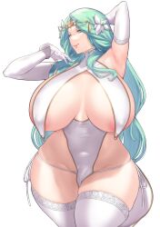 Rule 34 | 1girl, areola slip, armpits, arms up, aster crowley, breast curtains, breasts, breasts apart, circlet, cleavage, covered erect nipples, elbow gloves, fire emblem, fire emblem: three houses, flower, gloves, green eyes, green hair, hair flower, hair ornament, highres, huge breasts, jewelry, lace trim, long hair, looking at viewer, lowleg, lowleg panties, navel, necklace, nintendo, panties, pelvic curtain, revealing clothes, rhea (fire emblem), side-tie panties, sideboob, skindentation, smile, solo, standing, swimsuit, thighs, tiara, underwear, very long hair, white background, wide hips