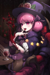 Rule 34 | 1girl, alcohol, blood, capelet, crescent conundrum, cup, demon wings, drinking glass, earrings, flower, glass, hat, head wings, jewelry, licking, lowres, markings, pantyhose, pink eyes, pink flower, pink hair, pink rose, rose, short hair, sitting, solo, star (symbol), sword girls, table, top hat, vampire, wine, wine glass, wings