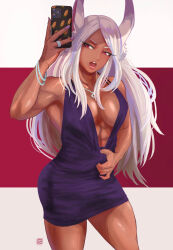 Rule 34 | 1girl, abs, absurdres, animal ears, boku no hero academia, breasts, cellphone, cleavage, dark-skinned female, dark skin, dress, feindall, highres, jewelry, large breasts, long hair, mirko, muscular, muscular female, nail polish, open mouth, phone, purple dress, rabbit ears, rabbit girl, red eyes, selfie, smartphone, superhero costume, thick thighs, thighs, toned, white hair