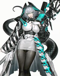 Rule 34 | 1girl, absurdres, aqua eyes, arknights, black jacket, black pantyhose, breasts, dress, feathered wings, grey hair, head wings, highres, ho&#039;olheyak (arknights), jacket, large breasts, looking at viewer, open mouth, pantyhose, rhine (overtonerhine), scales, simple background, smile, solo, standing, tail, white background, white dress, wings