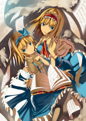 Rule 34 | alice margatroid, alice margatroid (pc-98), blonde hair, blue eyes, book, capelet, dual persona, female focus, flying paper, hairband, kureha (ironika), multiple girls, mystic square, open book, paper, short hair, time paradox, touhou, touhou (pc-98)