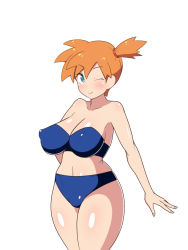 Rule 34 | 1girl, adapted costume, aqua eyes, asymmetrical hair, bare legs, bikini, blue bikini, blush, breasts, cleavage, covered erect nipples, creatures (company), dd (giogio99), game freak, gym leader, highres, large breasts, legs, legs together, looking at viewer, misty (pokemon), navel, nintendo, one eye closed, orange hair, pokemon, pokemon frlg, ponytail, short hair, side ponytail, smile, solo, standing, swimsuit, thick thighs, thighs, underwear, wide hips
