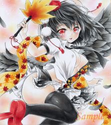 Rule 34 | 1girl, :d, arim0k0, bird wings, black feathers, black hair, black skirt, black thighhighs, black wings, breasts, cleavage, feathers, frilled skirt, frills, geta, hand fan, hat, hauchiwa, highres, holding, holding fan, large breasts, leaf print, marker (medium), open clothes, open mouth, open shirt, pom pom (clothes), red eyes, red footwear, red hat, ribbon-trimmed skirt, ribbon trim, sample watermark, shameimaru aya, shirt, short hair, short sleeves, skirt, smile, solo, tengu-geta, thighhighs, tokin hat, touhou, traditional media, watermark, white shirt, wings