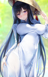 Rule 34 | 1girl, alice gear aegis, alternate costume, black hair, blurry, blurry background, blush, breasts, closed mouth, covered erect nipples, covered navel, day, depth of field, dress, hair between eyes, hat, highres, holding, kagome misaki, large breasts, long hair, long sleeves, looking at viewer, mole, mole under eye, outdoors, purple eyes, puru (ex-150), rice hat, sidelocks, smile, solo, standing, sun hat, very long hair, vietnamese clothes, vietnamese dress, white dress