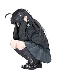 Rule 34 | 1girl, absurdres, ahoge, awa subaru, black footwear, black hair, black jacket, black skirt, black socks, chinese commentary, commentary request, covering own ears, cowering, full body, girls band cry, hair ribbon, highres, jacket, kneehighs, loafers, long hair, long sleeves, pleated skirt, ribbon, school uniform, shoes, simple background, skirt, sleeves past wrists, socks, solo, white background, white ribbon, xian ovo