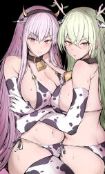 Rule 34 | 2girls, animal ears, animal print, antlers, ass, bell, bikini, black background, black collar, black hairband, blush, breasts, ceres fauna, cleavage, collar, cow ears, cow horns, cow print, cow print bikini, cow print gloves, cowbell, elbow gloves, fake horns, gloves, green hair, hair between eyes, hairband, highres, hololive, hololive english, horns, large breasts, long hair, looking at viewer, mole, mole under eye, mori calliope, multiple girls, navel, neck bell, pink eyes, pink hair, print bikini, print gloves, print thighhighs, sak1 01, simple background, swimsuit, thighhighs, v-shaped eyebrows, very long hair, virtual youtuber, yellow eyes