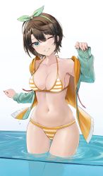 Rule 34 | 1girl, absurdres, anizi, aqua eyes, bikini, black hair, bow, breasts, cowboy shot, grin, hair bow, halterneck, highres, hololive, jacket, looking at viewer, medium breasts, multicolored clothes, multicolored jacket, one eye closed, oozora subaru, oozora subaru (hololive summer 2019), polka dot, polka dot bow, short hair, smile, solo, striped bikini, striped clothes, swimsuit, thigh gap, thighs, two-tone jacket, virtual youtuber, wading, water, wet