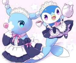 Rule 34 | :o, apron, arms up, ascot, beak, bird, black dress, black footwear, bloomers, blue eyes, blush, braixen, brionne, clothed pokemon, creatures (company), cup, detached collar, detached sleeves, dress, full body, game freak, gen 4 pokemon, gen 6 pokemon, gen 7 pokemon, holding, holding cup, kemoribon, long sleeves, looking at viewer, maid headdress, mary janes, nintendo, no humans, open mouth, penguin, pink ascot, pink background, pink ribbon, piplup, pokemon, pokemon (creature), purple eyes, ribbon, seal (animal), shoes, smile, star (symbol), teacup, teapot, underwear, waist apron, white apron