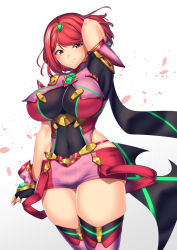 Rule 34 | 1girl, black gloves, breasts, chest jewel, earrings, fingerless gloves, gloves, highres, jewelry, large breasts, nintendo, pyra (xenoblade), red eyes, red hair, red shorts, red thighhighs, short hair, short shorts, shorts, solo, swept bangs, thighhighs, tiara, xenoblade chronicles (series), xenoblade chronicles 2, yui sora