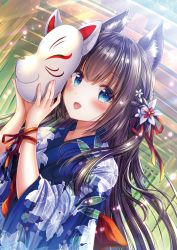 Rule 34 | 1girl, :d, animal ear fluff, animal ears, arm ribbon, blue eyes, blue kimono, blush, bow, braid, brown hair, dutch angle, floral print, flower, fox ears, fox mask, hair between eyes, hair flower, hair ornament, hair ribbon, highres, holding, holding mask, japanese clothes, kimono, long hair, long sleeves, looking at viewer, mask, multiple torii, open mouth, original, print kimono, red bow, red ribbon, ribbon, sakura moyon, smile, solo, torii, very long hair, white flower, wide sleeves