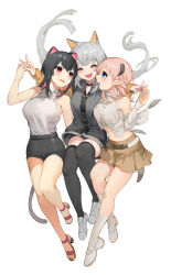 Rule 34 | 3girls, :d, :o, akizone, animal ears, bare shoulders, black hair, black shirt, black shorts, black thighhighs, blonde hair, blue eyes, blush, breasts, brown skirt, buttons, cat ears, cat tail, closed eyes, detached sleeves, fang, final fantasy, final fantasy xiv, grey hair, grey shirt, happy, highres, horns, large breasts, long hair, miniskirt, multiple girls, open mouth, pleated skirt, pointy ears, red footwear, shirt, shoes, shorts, skirt, smile, tail, thighhighs, warrior of light (ff14)