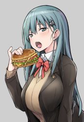 Rule 34 | 1girl, aqua eyes, aqua hair, beige cardigan, black jacket, bow, breasts, burger, cardigan, collared shirt, commentary, eating, food, grey background, hair ornament, hairclip, holding, holding food, jacket, kantai collection, large breasts, long hair, looking at viewer, open cardigan, open clothes, open mouth, red bow, satou samu, school uniform, shirt, suzuya (kancolle), white shirt