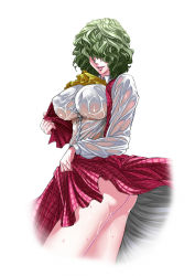 Rule 34 | 1girl, ascot, ass, bad id, bad pixiv id, breasts, clothes lift, covered erect nipples, curly hair, dress shirt, elbow gloves, female focus, gloves, green hair, hair over eyes, impossible clothes, impossible shirt, kazami yuuka, large breasts, lips, no panties, plaid, plaid skirt, pussy juice, shirt, sketch, skirt, skirt lift, smile, solo, sweat, touhou, vest, warainaku, wet, wet clothes, wet shirt