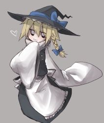 Rule 34 | 1girl, apron, black eyes, black hat, black skirt, black vest, blouse, blue bow, blue eyes, blush, bow, braid, closed mouth, commentary request, cookie (touhou), full body, grey background, hair between eyes, hair bow, hat, hat bow, heart, kirisame marisa, long hair, long skirt, looking at viewer, shimosuke, shirt, side braid, simple background, single braid, skirt, sleeves past fingers, sleeves past wrists, smile, solo, touhou, turtleneck, vest, waist apron, white apron, white shirt, witch hat, yuuhi (cookie)