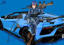 Rule 34 | 1girl, artist name, artist request, belt, blue background, blue gloves, blue hair, blue kimono, blue obi, blush, boots, bow (weapon), breasts, brown belt, brown eyes, brown footwear, car, cross-laced footwear, female focus, floral print, flower print, full body, gloves, gun, hair between eyes, half-closed eyes, high heel boots, high heels, highres, holding, holding gun, holding weapon, japanese clothes, kimono, lamborghini aventador, long hair, long sleeves, looking at viewer, love live!, love live! school idol project, motor vehicle, obi, parted lips, sash, smile, solo, sonoda umi, sports car, weapon, wide sleeves, yellow eyes