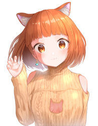 Rule 34 | 1girl, :3, animal ear fluff, animal ears, bare shoulders, blush, breast cutout, cat earrings, cat ears, claw pose, closed mouth, commentary request, earrings, fingernails, hand up, highres, idolmaster, idolmaster cinderella girls, jewelry, kitami yuzu, looking at viewer, orange eyes, orange hair, ribbed sweater, short hair, simple background, smile, solo, sweater, takeroku, white background