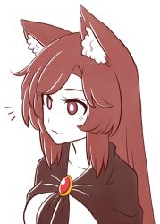 Rule 34 | 1girl, :3, animal ear fluff, animal ears, breasts, brooch, brown eyes, brown hair, collarbone, commentary, dress, english commentary, imaizumi kagerou, jewelry, long hair, medium breasts, simple background, smile, solo, swept bangs, touhou, upper body, white background, white dress, wolf ears, wool (miwol)