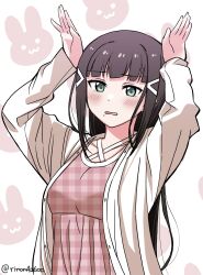 Rule 34 | 1girl, absurdres, black hair, blunt bangs, blush, cardigan, chinese zodiac, commentary request, dress, green eyes, highres, kurosawa dia, long hair, long sleeves, looking at viewer, love live!, love live! sunshine!!, open cardigan, open clothes, parted lips, pink dress, plaid, plaid dress, rabbit pose, rinon42600, sidelocks, solo, twitter username, upper body, wavy mouth, white background, white cardigan, year of the rabbit