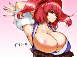Rule 34 | 1girl, armpits, bad id, bad pixiv id, bowalia, breast slip, breasts, female focus, fingernails, hair bobbles, hair ornament, huge breasts, long fingernails, nail, nipples, no bra, one breast out, onozuka komachi, red eyes, red hair, solo, touhou, twintails, two side up