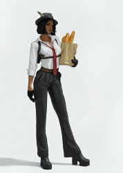 Rule 34 | 1girl, alternate costume, atamagaitai, bag, baguette, belt, black footwear, black gloves, black hair, bread, brown belt, brown eyes, brown lips, cigarette, collared shirt, commentary, contemporary, dark-skinned female, dark skin, elden ring, english commentary, fashion, food, full body, gloves, grey hat, hat, high heels, highres, holding, holding bag, lips, looking at viewer, necktie, nepheli loux, paper bag, red necktie, shadow, shirt, short hair, simple background, sleeves rolled up, solo, white background, white shirt