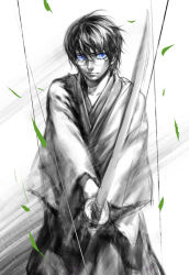 Rule 34 | 1boy, black hair, blue eyes, gintama, glasses, glowing, glowing eyes, hakama, hakama skirt, hangleing, holding, holding sword, holding weapon, japanese clothes, katana, leaf, looking at viewer, male focus, monochrome, motion blur, shimura shinpachi, simple background, skirt, solo, spot color, sword, two-handed, v arms, weapon, white background