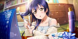 Rule 34 | 1girl, a maiden innocence (love live!), absurdres, adjusting hair, aqua shirt, artist name, artist request, bare shoulders, blue hair, blush, book, bookshelf, bow, breasts, collared shirt, female focus, hair between eyes, highres, indoors, light brown jacket, long hair, long sleeves, looking at viewer, love live!, love live! school idol festival, love live! school idol festival all stars, love live! school idol project, parted lips, shirt, smile, solo, sonoda umi, sparkle, upper body, white bow, yellow eyes