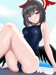 Rule 34 | 1girl, absurdres, black hair, black wings, blue archive, breasts, colored eyelashes, competition school swimsuit, feet out of frame, halo, hama (zarulzaharudin), highres, looking at viewer, mashiro (blue archive), medium breasts, medium hair, pool, poolside, purple eyes, school swimsuit, sitting, solo, swimsuit, winged halo, wings