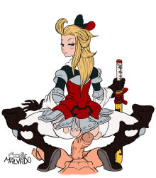 Rule 34 | 1boy, 1girl, blonde hair, bravely default: flying fairy, bravely default (series), clothed female nude male, edea lee, jose malvado, looking at viewer, looking back, nude, penis, pov, simple background, sword, torn clothes, torn legwear, uncensored, weapon, white background