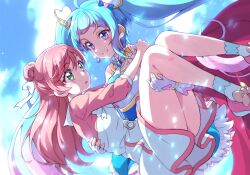 Rule 34 | 2girls, ahoge, blue eyes, blue hair, brooch, cape, carrying, commentary, cure sky, detached sleeves, dress, earrings, green eyes, half updo, highres, hirogaru sky! precure, jewelry, kyoutsuugengo, magical girl, multiple girls, nijigaoka mashiro, open mouth, pink hair, precure, princess carry, puffy detached sleeves, puffy sleeves, single earring, single sidelock, smile, sora harewataru, two-sided cape, two-sided fabric, wing brooch, wing hair ornament