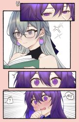 Rule 34 | 2girls, 4koma, ?, bare shoulders, blue scarf, blush, book, bronya rand, character name, closed mouth, collarbone, colored inner hair, comic, commentary, crossed bangs, embarrassed, english commentary, flustered, glasses, grey eyes, grey hair, hair between eyes, highres, holding, holding book, honkai: star rail, honkai (series), long hair, looking at another, multicolored hair, multiple girls, open mouth, opening eyes, panicking, purple eyes, purple hair, reading, scarf, seele (honkai: star rail), simple background, smile, sweatdrop, thinking, tiaanboo, twitter username, upper body, v-shaped eyebrows, yuri