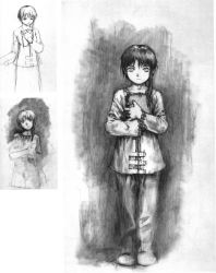 Rule 34 | 1990s (style), 1girl, abe yoshitoshi, absurdres, artbook, female focus, full body, greyscale, highres, iwakura lain, monochrome, multiple views, official art, scan, serial experiments lain, sketch, standing, traditional media