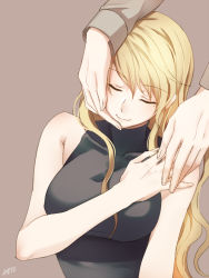 Rule 34 | 1girl, bare shoulders, blonde hair, brown background, closed eyes, collarbone, hand on another&#039;s cheek, hand on another&#039;s face, holding hands, long hair, milcho, mole, mole under eye, simple background, skin tight, sleeveless, sleeveless turtleneck, smile, solo, solo focus, sweater vest, swept bangs, turtleneck, upper body