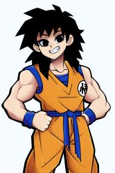 Rule 34 | 1girl, absurdres, alternate muscle size, black eyes, black hair, commentary, cosplay, dougi, dragon ball, dragon ball minus, dragonball z, english commentary, gine, grin, hands on own hips, highres, kermittend, medium hair, muscular, muscular female, smile, solo, son goku, son goku (cosplay), wristband