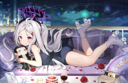 Rule 34 | 1girl, absurdres, black horns, black one-piece swimsuit, black wings, blue archive, blush, building, cake, cellphone, closed mouth, cup, demon horns, demon wings, doodle sensei (blue archive), flower, food, grey footwear, grey hair, halo, highres, hina (blue archive), hina (swimsuit) (blue archive), horns, long hair, lying, multiple horns, name tag, night, official alternate costume, okazakileo, on stomach, one-piece swimsuit, phone, purple eyes, red flower, red rose, rose, school swimsuit, sensei (blue archive), smartphone, smile, solo, swimsuit, wings