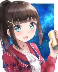 Rule 34 | 10s, 1girl, :d, alternate hairstyle, aqua eyes, black hair, blunt bangs, can, cardigan, collarbone, commentary request, frilled shirt, frills, hair ornament, hairclip, highres, holding, holding can, kurosawa dia, long sleeves, love live!, love live! school idol festival, love live! sunshine!!, mole, mole under mouth, open mouth, ponytail, red cardigan, shirt, sidelocks, sin (sin52y), sky, smile, solo, star (sky), starry sky, upper body, white shirt