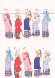 Rule 34 | !?, +++, 5girls, ?, absurdres, ahoge, animal ear fluff, animal ears, blonde hair, blue hair, blue jacket, bow, bowtie, chamomile (kazumasa), earrings, fox ears, fox tail, from side, grey hair, hair ribbon, height chart, highres, hololive, hoshimachi suisei, jacket, jewelry, long hair, multicolored hair, multiple girls, omaru polka, one side up, open clothes, open jacket, pink hair, pink sweater, plaid, plaid skirt, ponytail, red jacket, ribbon, sakura miko, school uniform, shiranui flare, shirogane noel, simple background, skirt, squiggle, standing, streaked hair, sweatdrop, sweater, tail, virtual youtuber