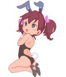 Rule 34 | 1girl, ass, blush, brown hair, commentary request, green eyes, hair ribbon, medium hair, open mouth, rabbit girl, ribbon, saru getchu, sayaka (saru getchu), short twintails, simple background, solo, twintails, white background