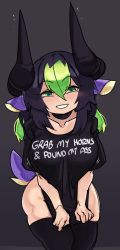 Rule 34 | 1girl, absurdres, animal ears, black background, black choker, black horns, black shirt, black thighhighs, bottomless, breasts, choker, clothes writing, commentary, english commentary, english text, fuck-me shirt, green eyes, green hair, grey background, highres, horns, large breasts, long hair, looking at viewer, meme attire, multicolored hair, original, profanity, shirt, solo, t-shirt, tail, thick thighs, thighhighs, thighs, two-tone hair, zanamaoria