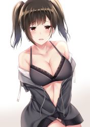 Rule 34 | 1girl, absurdres, alternate breast size, bare shoulders, between legs, between thighs, black hair, black jacket, blush, bra, breasts, brown eyes, cleavage, collarbone, drawstring, hand between legs, highres, idolmaster, idolmaster cinderella girls, jacket, kitsune udon (ai br), lace, lace-trimmed bra, lace trim, large breasts, looking at viewer, medium hair, mole, mole under eye, navel, off shoulder, open clothes, open jacket, parted lips, sharp teeth, sideboob, sidelocks, simple background, solo, sunazuka akira, tachi-e, teeth, thighs, twintails, underwear, unzipped, v arms, white background