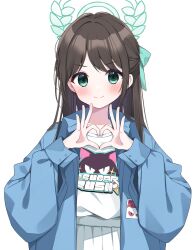 Rule 34 | 1girl, airi (band) (blue archive), airi (blue archive), black hair, blue archive, blue jacket, blush, closed mouth, green eyes, green halo, halo, heart, heart hands, highres, jacket, long hair, looking at viewer, murase48, official alternate costume, open clothes, open jacket, pleated skirt, simple background, skirt, smile, solo, white background, white hair, white skirt