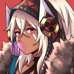 Rule 34 | 1girl, azur lane, blush, brown hood, blowing bubbles, cape, chewing gum, commentary, dark-skinned female, dark skin, facepaint, fur-trimmed cape, fur trim, giresque, hair between eyes, high ponytail, hood, hood up, long hair, looking at viewer, minneapolis (azur lane), open mouth, portrait, red background, red eyes, simple background, solo, white hair