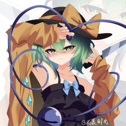 1girl absurdres arm_up black_dress black_hat blush buttons cardigan collarbone commentary_request diamond_button dress green_eyes green_hair hat heart heart_of_string highres holding holding_knife kitchen_knife knife komeiji_koishi looking_at_viewer orange_cardigan shiguang_wuxia sleeveless sleeveless_dress third_eye touhou upper_body