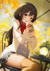 Rule 34 | 1girl, :d, azuki yui, bag, black hair, black skirt, breasts, brown eyes, brown thighhighs, buttons, chair, coat, commentary request, cup, day, disposable cup, dutch angle, enpera, feet out of frame, ginkgo leaf, handbag, hands up, holding, holding cup, lamp, leaf, long hair, long sleeves, looking at viewer, medium breasts, miniskirt, open mouth, original, outdoors, plaid, plaid skirt, red scarf, scarf, sidelocks, sitting, skirt, smile, solo, table, thighhighs, tree, umbrella, white coat, wing collar