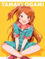 Rule 34 | 1girl, :d, arms between legs, blush, bow, breasts, brown eyes, brown hair, character name, collarbone, dot nose, green shorts, hair bow, highres, hood, hood down, idolmaster, idolmaster million live!, idolmaster million live! theater days, indian style, long hair, looking at viewer, medium breasts, meno (imas ll), ogami tamaki, one side up, open mouth, red footwear, shadow, shoes, short sleeves, shorts, simple background, sitting, smile, sneakers, solo, two-tone hoodie, yellow background