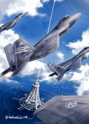 Rule 34 | ace combat, ace combat 7, aircraft, airplane, artist name, bird, blue sky, cloud, count (ace combat 7), day, f-15 eagle, f-22 raptor, fighter jet, haniwakun 2019, highres, huxian, jet, lighthouse, military, military vehicle, pilot, scenery, sky, strider squadron, structure, sunlight, tower, trigger (ace combat), twitter username, water