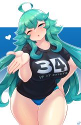 Rule 34 | 1girl, ahoge, aqua eyes, aqua hair, artist name, black shirt, blowing kiss, blue background, blue panties, blush, born-to-die, breasts, clothes writing, collarbone, cowboy shot, english text, female focus, groin, half-closed eye, hand on own hip, hand up, heart, highres, large breasts, long hair, looking at viewer, matching hair/eyes, one eye closed, open mouth, outline, panties, rule34.xxx, rule 34-tan, shirt, short sleeves, signature, simple background, skindentation, solo, standing, thick thighs, thighs, two-tone background, underwear, very long hair, white background, white outline, wide hips, wink